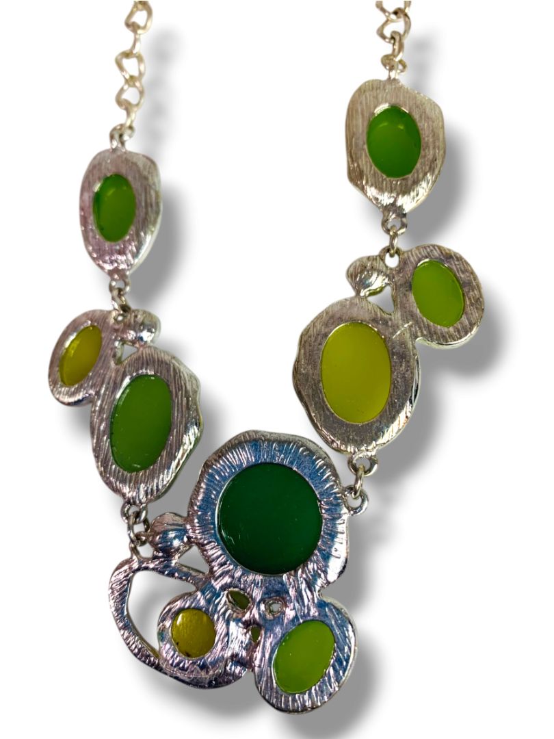 Silvertone Green Statement Bib Necklace 17" + 3" Extender