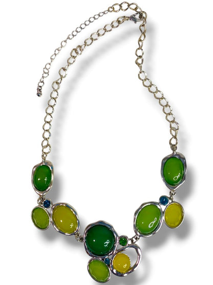 Silvertone Green Statement Bib Necklace 17" + 3" Extender