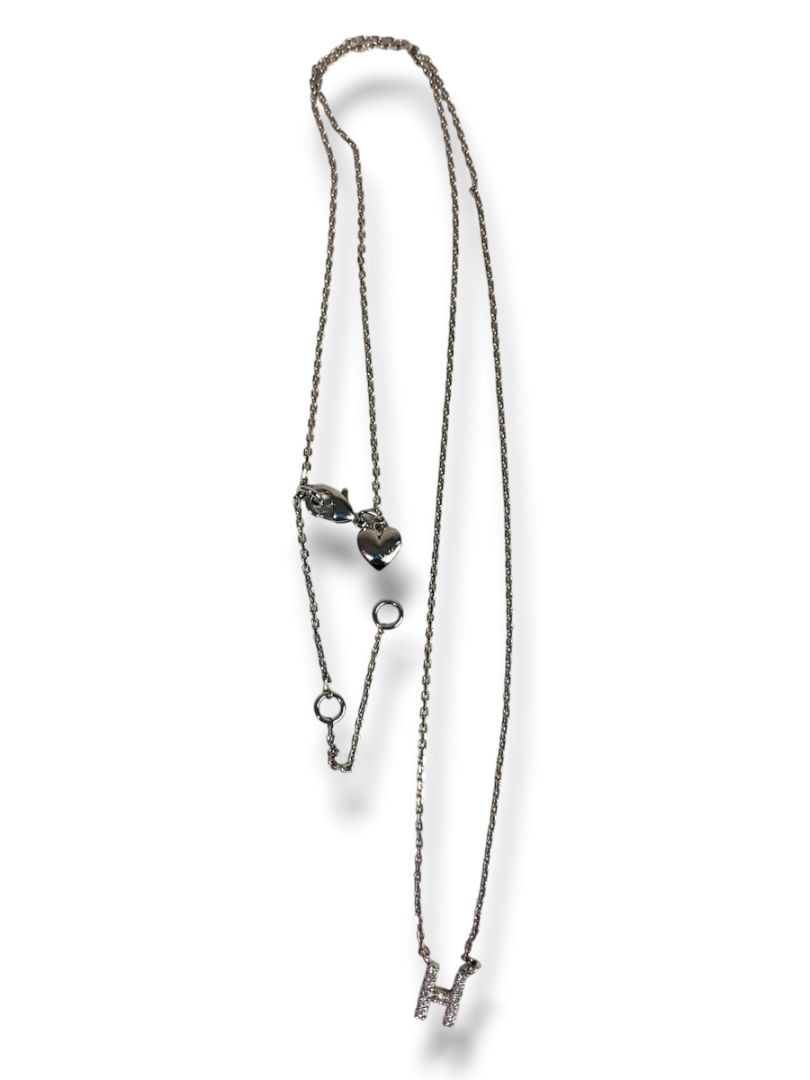 Delicate Silvertone Chain Necklace Attached "H" Rhinestone Pendant 16-18"