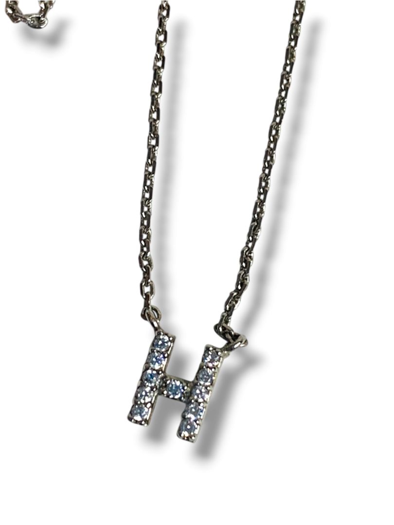 Delicate Silvertone Chain Necklace Attached "H" Rhinestone Pendant 16-18"