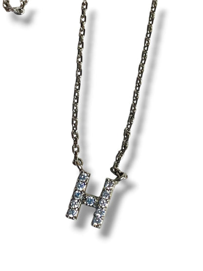 Delicate Silvertone Chain Necklace Attached "H" Rhinestone Pendant 16-18"