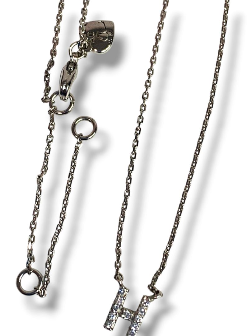 Delicate Silvertone Chain Necklace Attached "H" Rhinestone Pendant 16-18"
