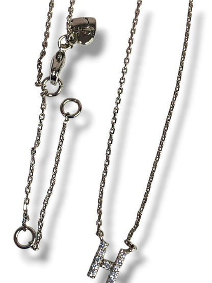 Delicate Silvertone Chain Necklace Attached "H" Rhinestone Pendant 16-18"