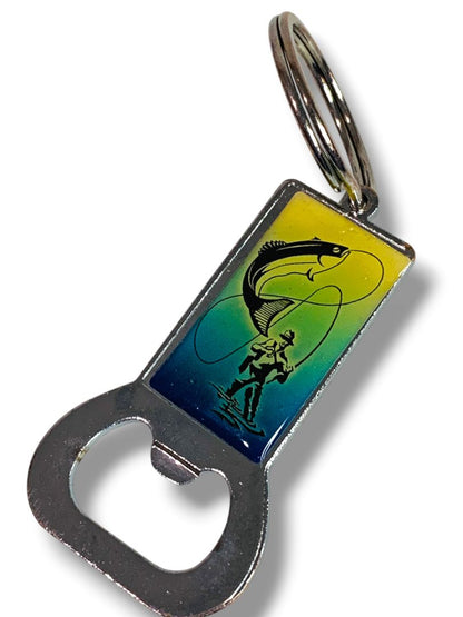 Keychain Bottle Opener Fly Fisherman Key Ring Blue Yellow Silvertone