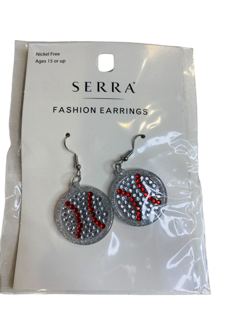 New Serra Earrings Fishhook Baseball Sparkly 2.5" Drop Nickel Free