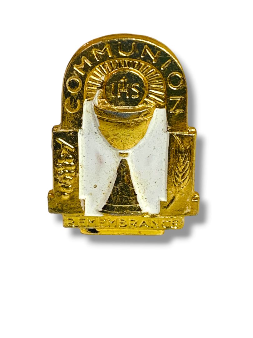 First Holy Communion Pin Goldtone White Commemorative .75"