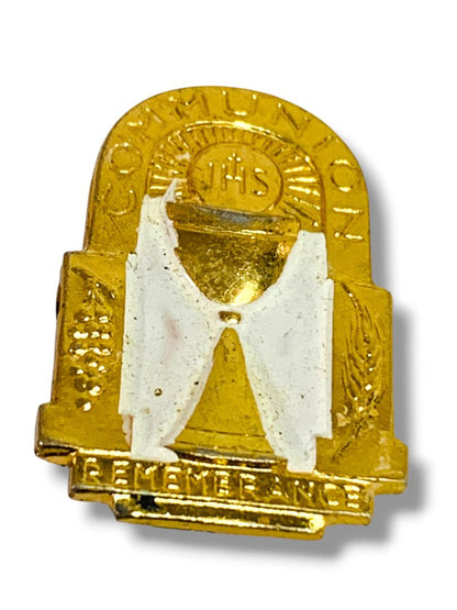 First Holy Communion Pin Goldtone White Commemorative .75"
