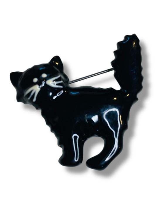 Enameled Black Cat Brooch Pin Halloween Scaredy 1.75"