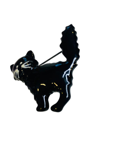 Enameled Black Cat Brooch Pin Halloween Scaredy 1.75"
