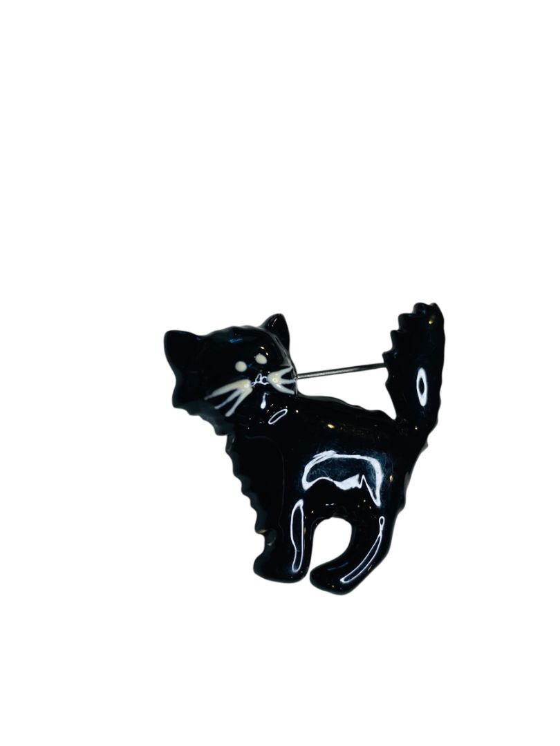 Enameled Black Cat Brooch Pin Halloween Scaredy 1.75"