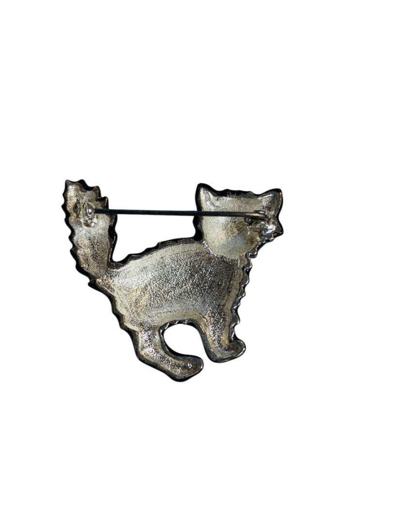 Enameled Black Cat Brooch Pin Halloween Scaredy 1.75"