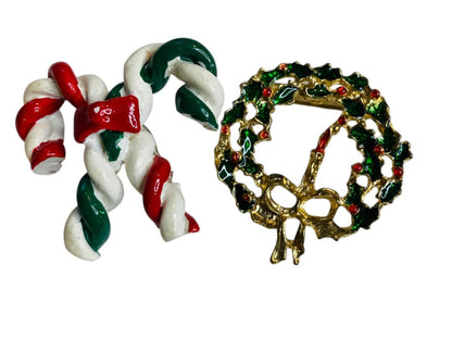 Set of 2 Christmas Holiday Brooch Pins Candy Cane Wreath 1.5"