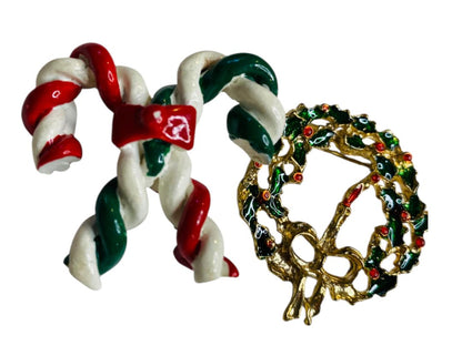 Set of 2 Christmas Holiday Brooch Pins Candy Cane Wreath 1.5"