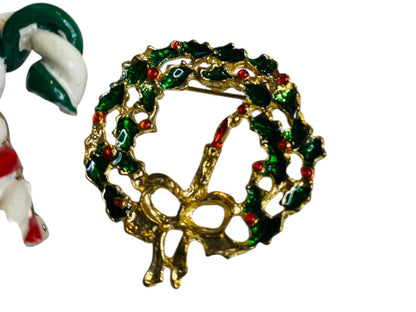Set of 2 Christmas Holiday Brooch Pins Candy Cane Wreath 1.5"