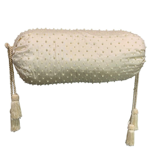 Vintage Faux Pearl Beaded Silk Bolster Pillow Cream Tassel Accents 16"