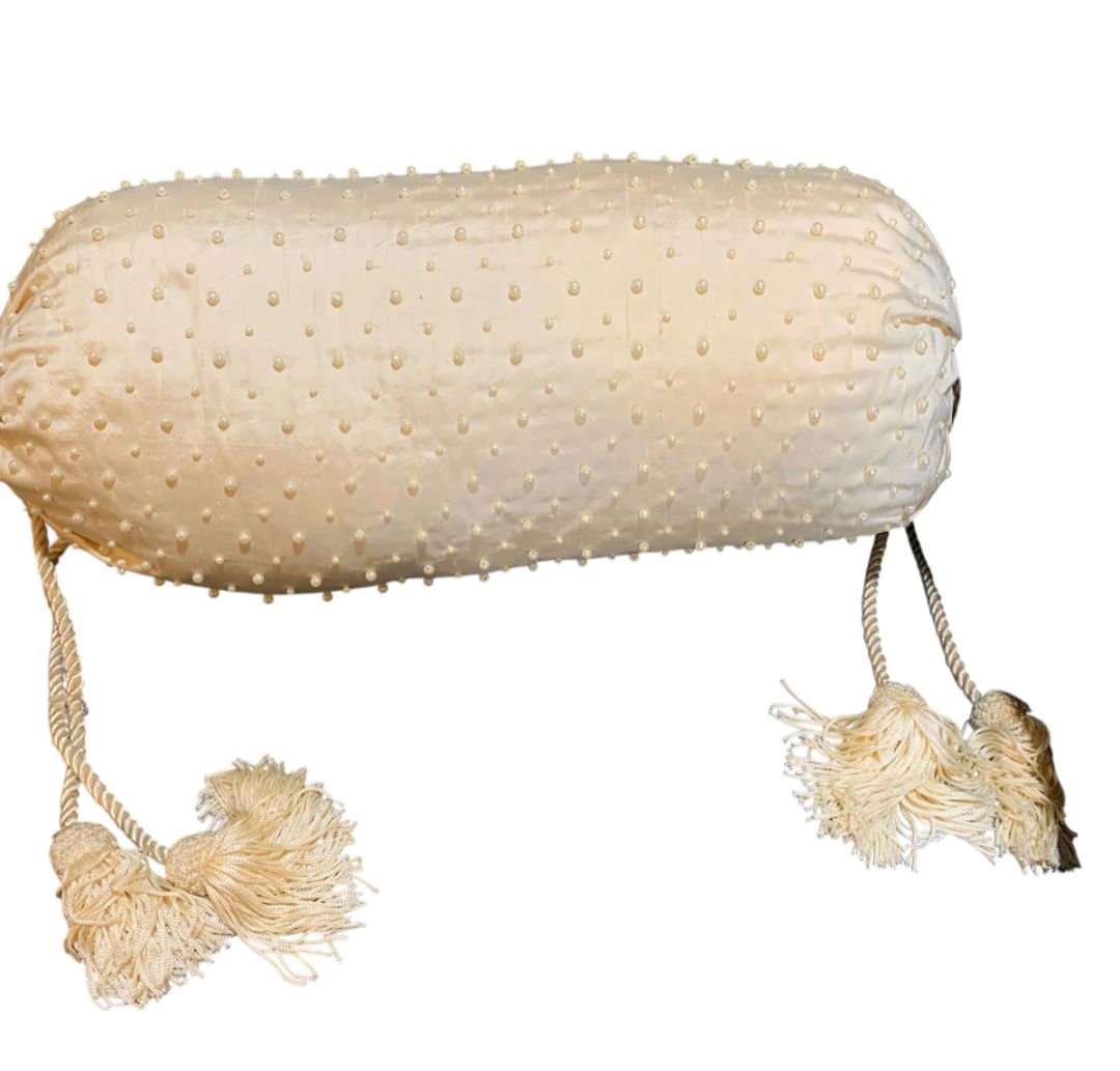 Vintage Faux Pearl Beaded Silk Bolster Pillow Cream Tassel Accents 16"