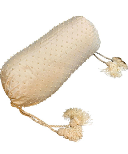 Vintage Faux Pearl Beaded Silk Bolster Pillow Cream Tassel Accents 16"