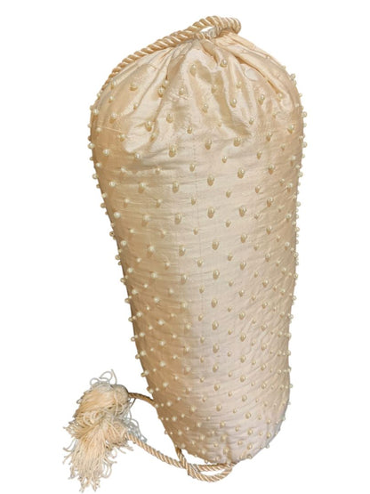 Vintage Faux Pearl Beaded Silk Bolster Pillow Cream Tassel Accents 16"