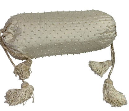 Vintage Faux Pearl Beaded Silk Bolster Pillow Cream Tassel Accents 16"