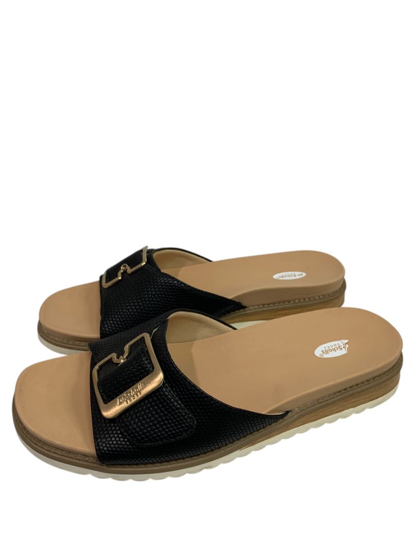 Size 9 Dr Scholls Womens Black Snake Print Buckle Slide Sandals