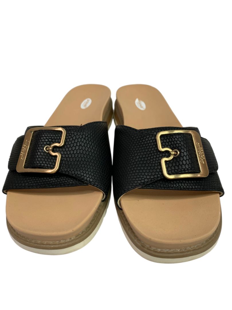 Size 9 Dr Scholls Womens Black Snake Print Buckle Slide Sandals