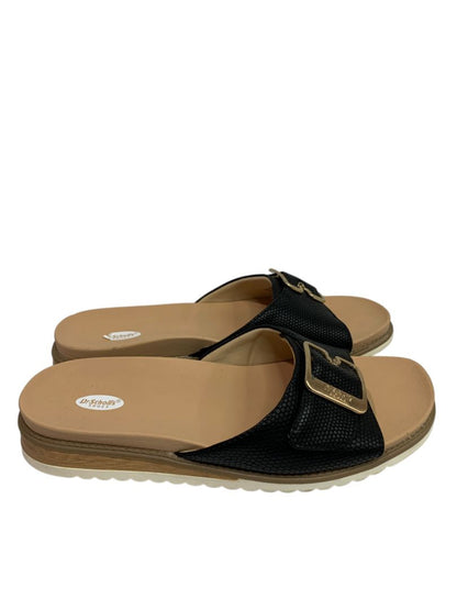 Size 9 Dr Scholls Womens Black Snake Print Buckle Slide Sandals
