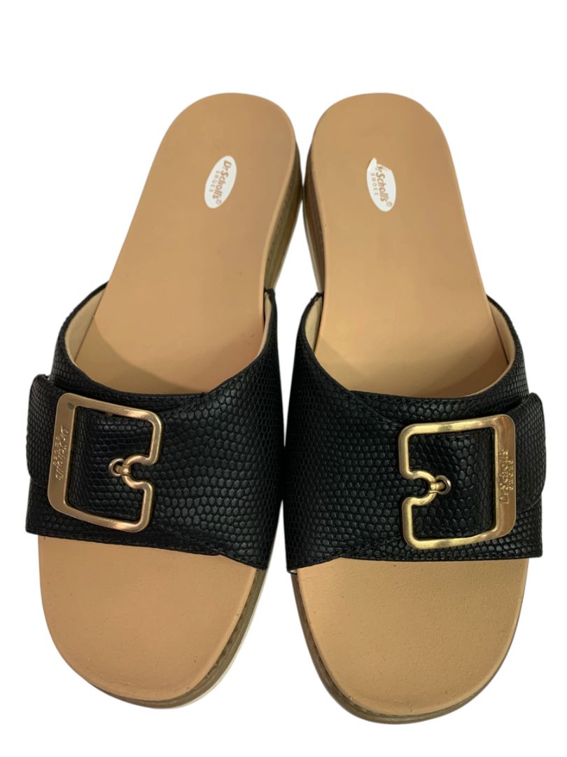 Size 9 Dr Scholls Womens Black Snake Print Buckle Slide Sandals