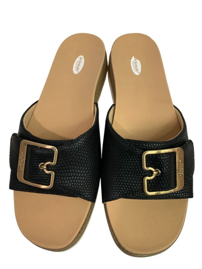 Size 9 Dr Scholls Womens Black Snake Print Buckle Slide Sandals