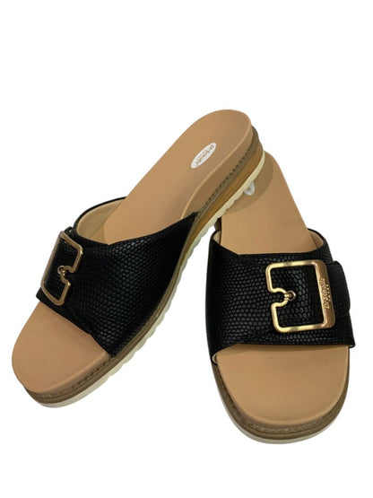 Size 9 Dr Scholls Womens Black Snake Print Buckle Slide Sandals