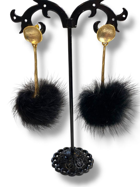 Black PomPom Pierced Post Earrings Goldtone 2.75" Drop