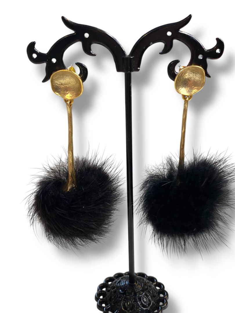 Black PomPom Pierced Post Earrings Goldtone 2.75" Drop