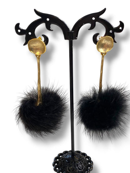 Black PomPom Pierced Post Earrings Goldtone 2.75" Drop