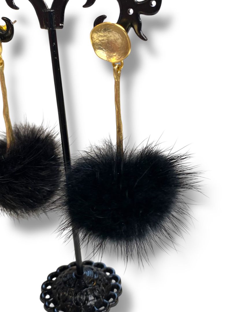 Black PomPom Pierced Post Earrings Goldtone 2.75" Drop