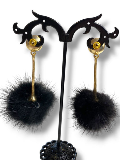 Black PomPom Pierced Post Earrings Goldtone 2.75" Drop