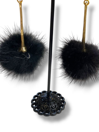 Black PomPom Pierced Post Earrings Goldtone 2.75" Drop