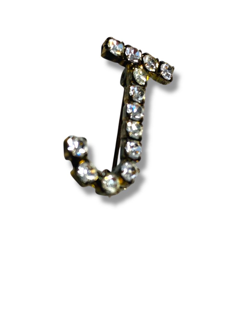 Vintage Rhinestone Brooch Pin "J" Initial 1" Silvertone