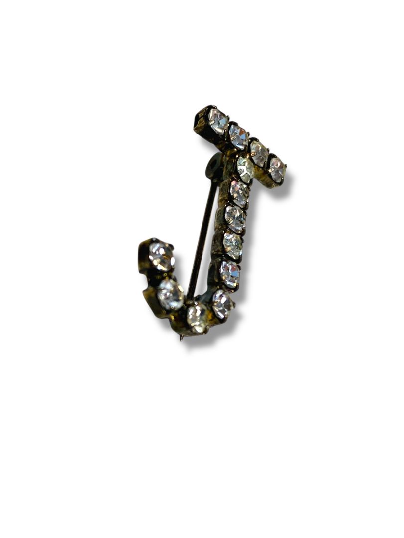 Vintage Rhinestone Brooch Pin "J" Initial 1" Silvertone