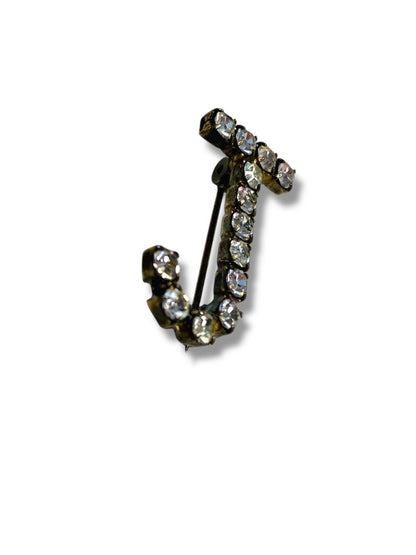Vintage Rhinestone Brooch Pin "J" Initial 1" Silvertone