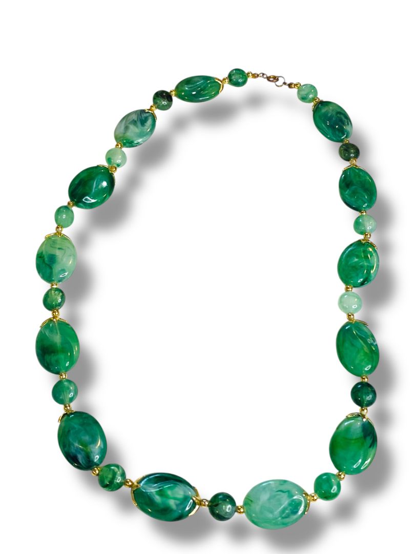 Green Acrylic Bead Necklace Goldtone Spacers Statement 26"
