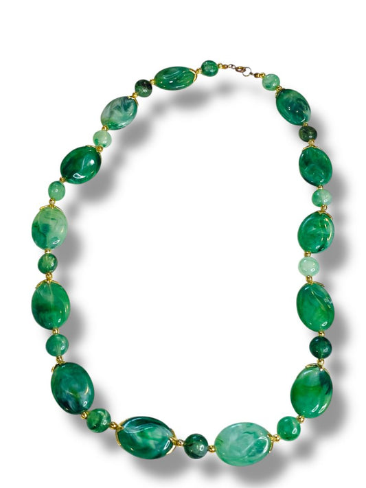 Green Acrylic Bead Necklace Goldtone Spacers Statement 26"