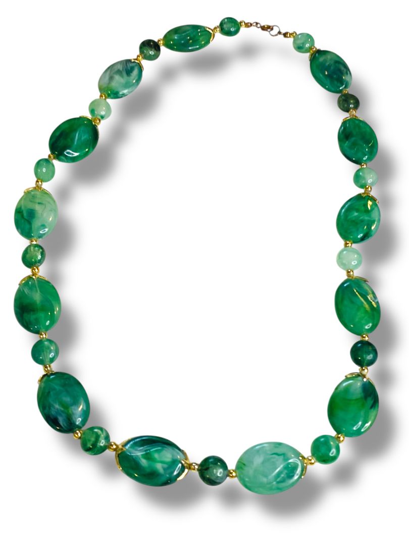 Green Acrylic Bead Necklace Goldtone Spacers Statement 26"