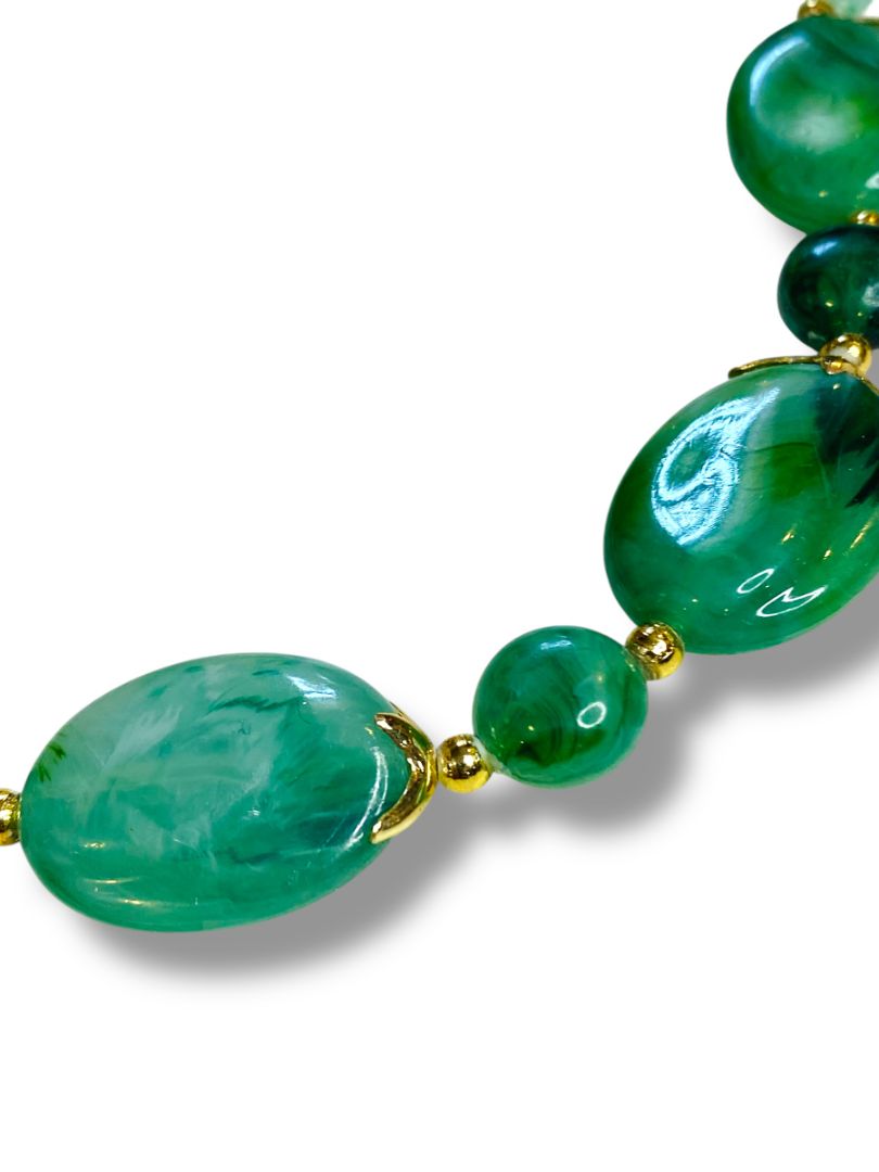 Green Acrylic Bead Necklace Goldtone Spacers Statement 26"