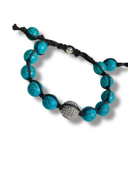 Adjustable Slide Bracelet Faux Turquoise Beads Rhinestone Bead