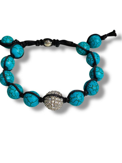 Adjustable Slide Bracelet Faux Turquoise Beads Rhinestone Bead