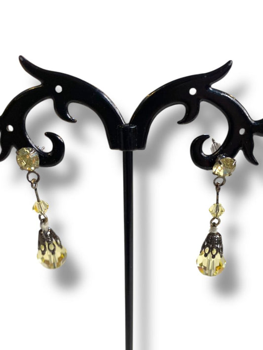 Vintage Yellow Acrylic Beaded Earrings Pierced Post Pewter Color 1.4" Drop