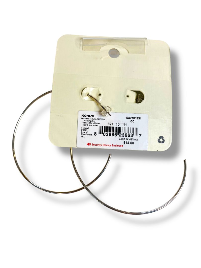 Emberly Post Pierced Silvertone Hoop Earrings 3" Diameter Thin New