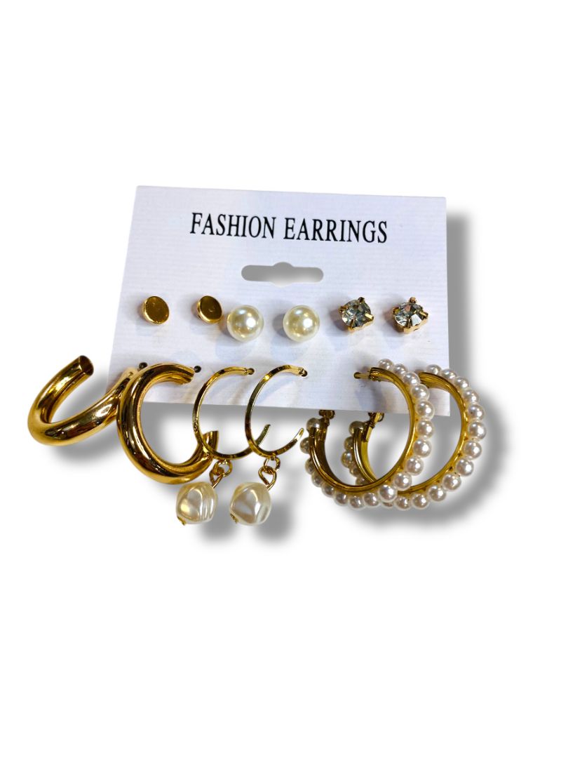 Set of 6 Pierced Earrings New Goldtone Faux Pearl Hoop Studs