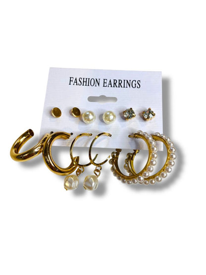 Set of 6 Pierced Earrings New Goldtone Faux Pearl Hoop Studs