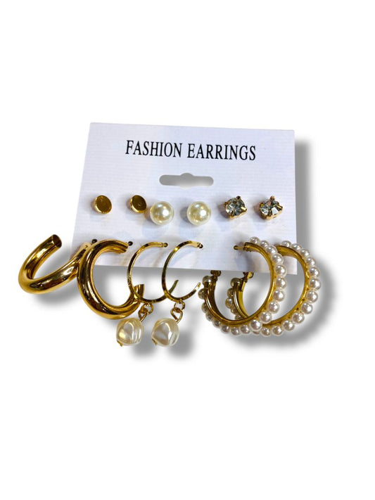 Set of 6 Pierced Earrings New Goldtone Faux Pearl Hoop Studs