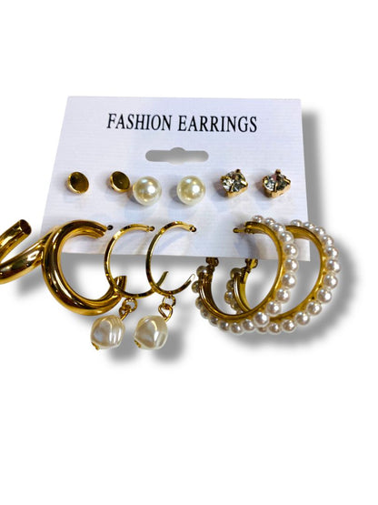 Set of 6 Pierced Earrings New Goldtone Faux Pearl Hoop Studs
